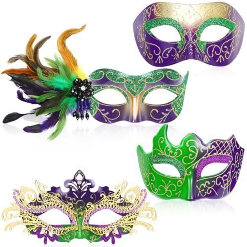 1884 Mardi for Gras Mask with Feathers, 4PCS Masquerade Mask Party Supplies